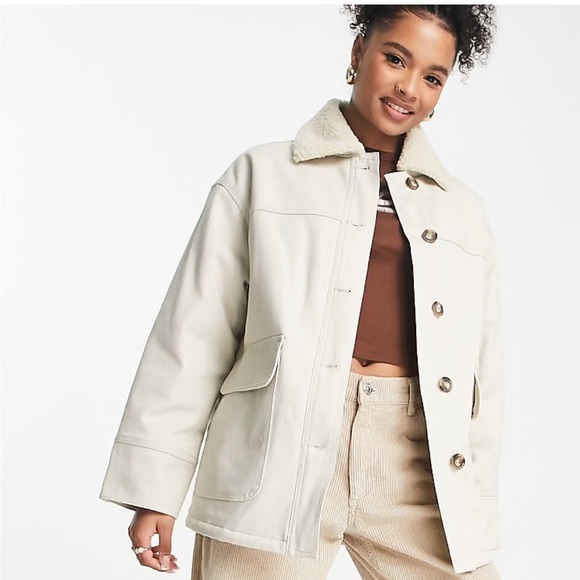 ASOS Jackets & Blazers - ASOS DESIGN Petite borg lined cotton jacket in stone